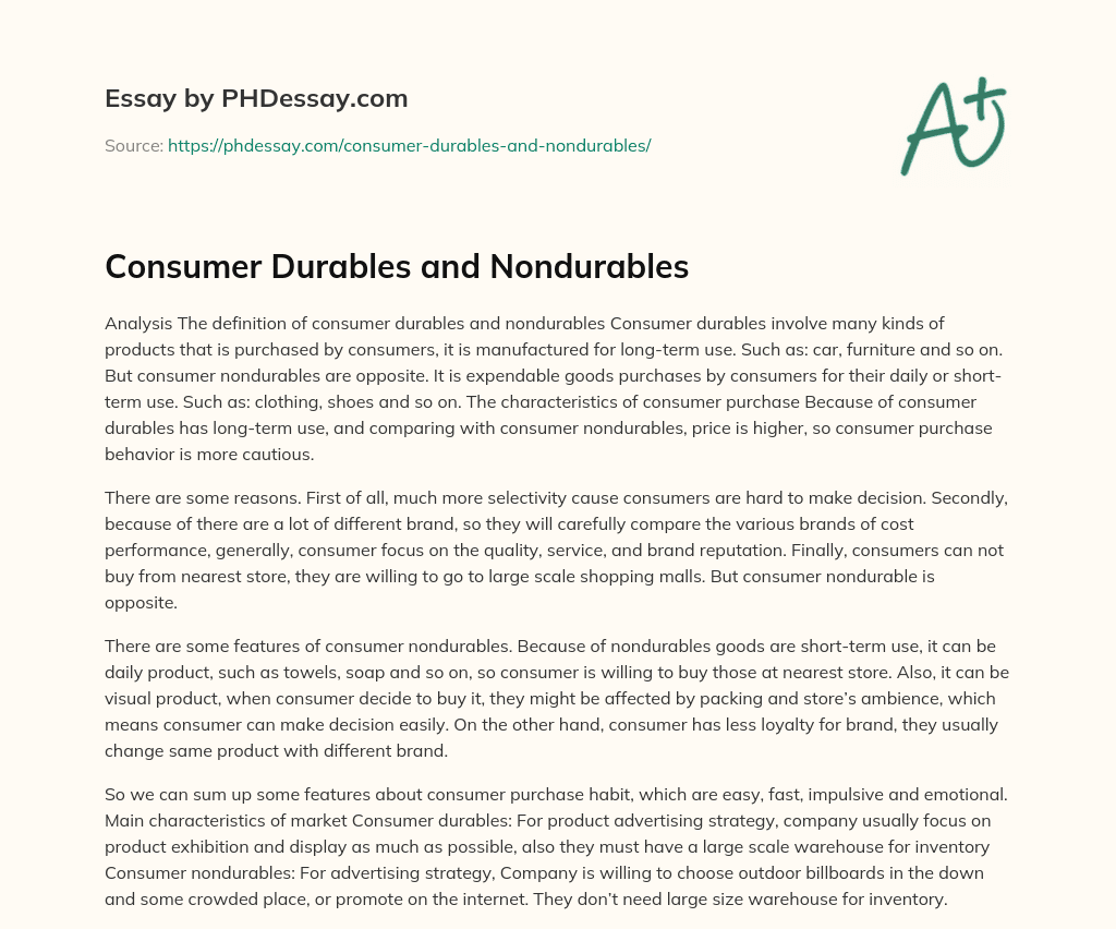Consumer Durables and Nondurables essay