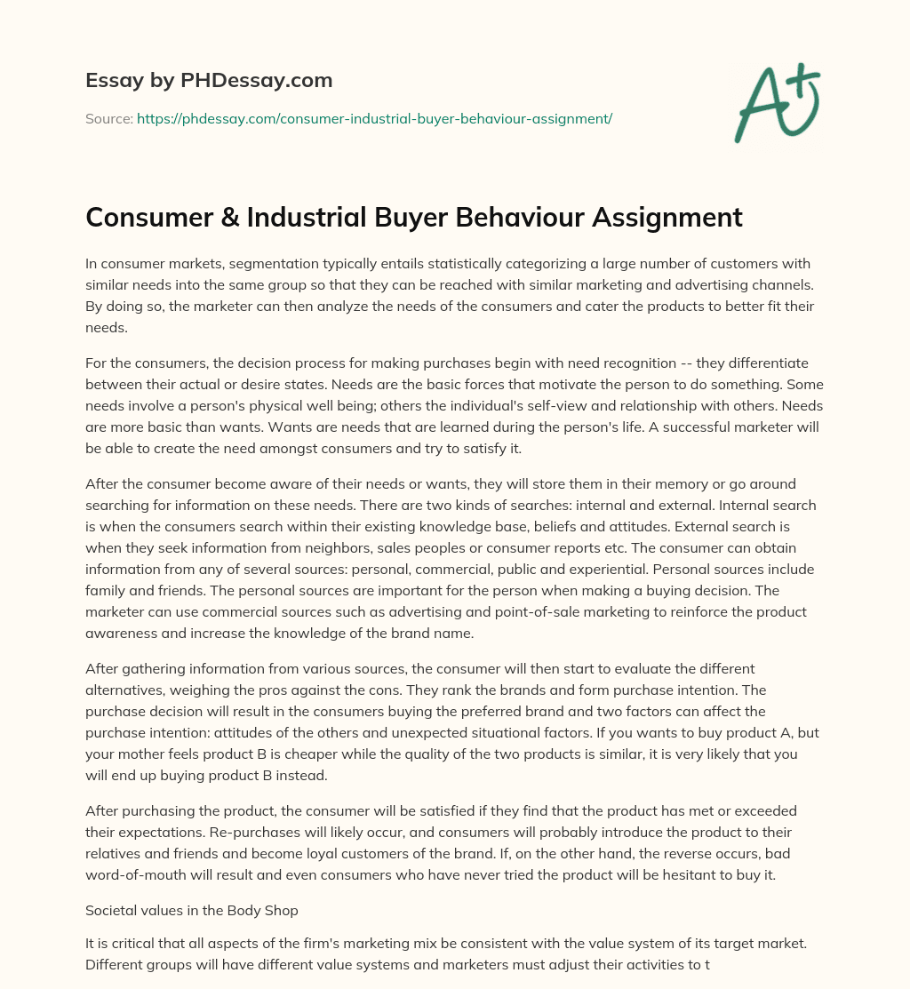 Consumer & Industrial Buyer Behaviour Assignment essay