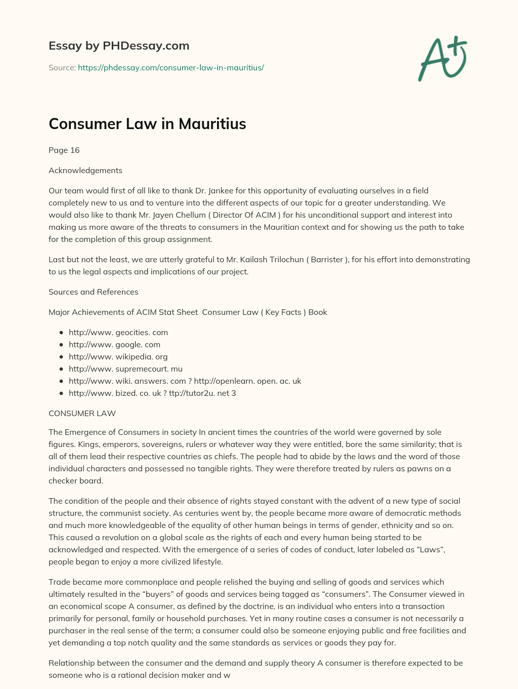 Consumer Law in Mauritius essay