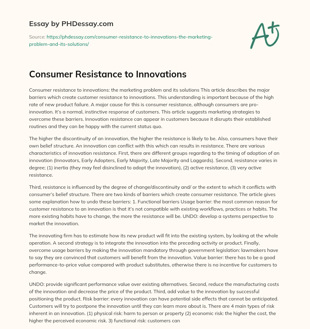 Consumer Resistance to Innovations essay