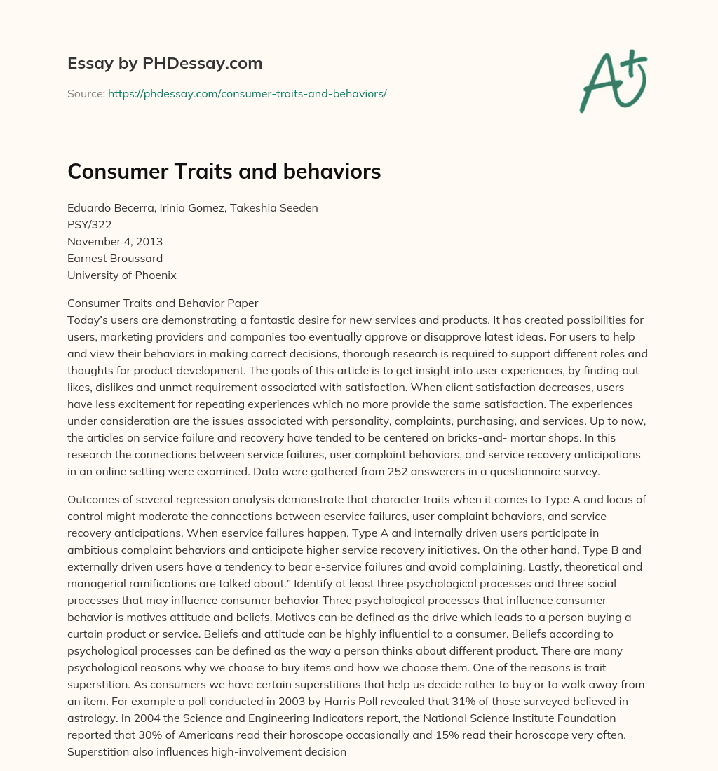 Consumer Traits and behaviors essay