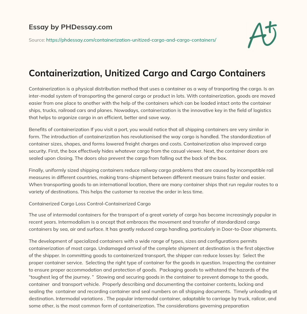 Containerization, Unitized Cargo And Cargo Containers Example