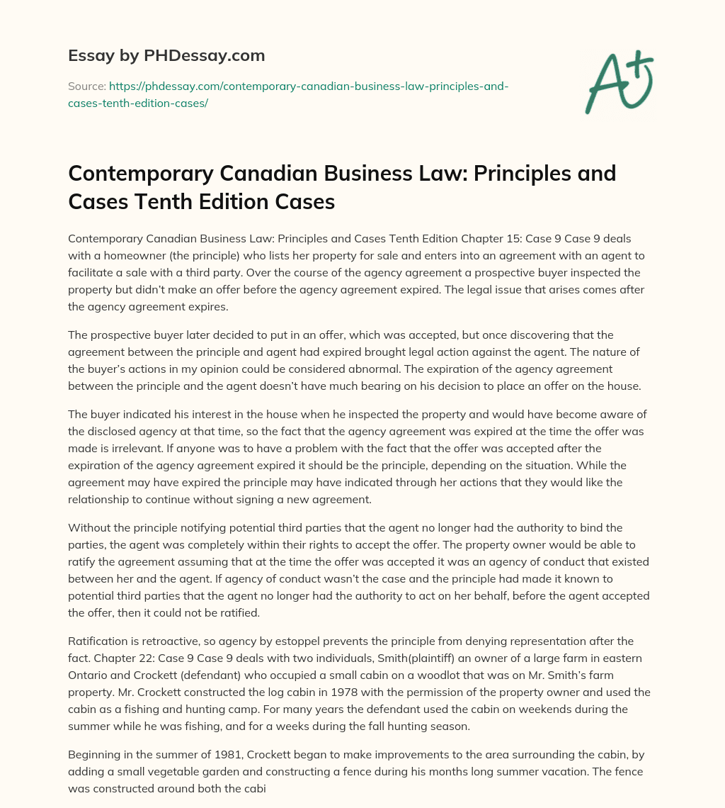 Contemporary Canadian Business Law: Principles and Cases Tenth Edition Cases essay