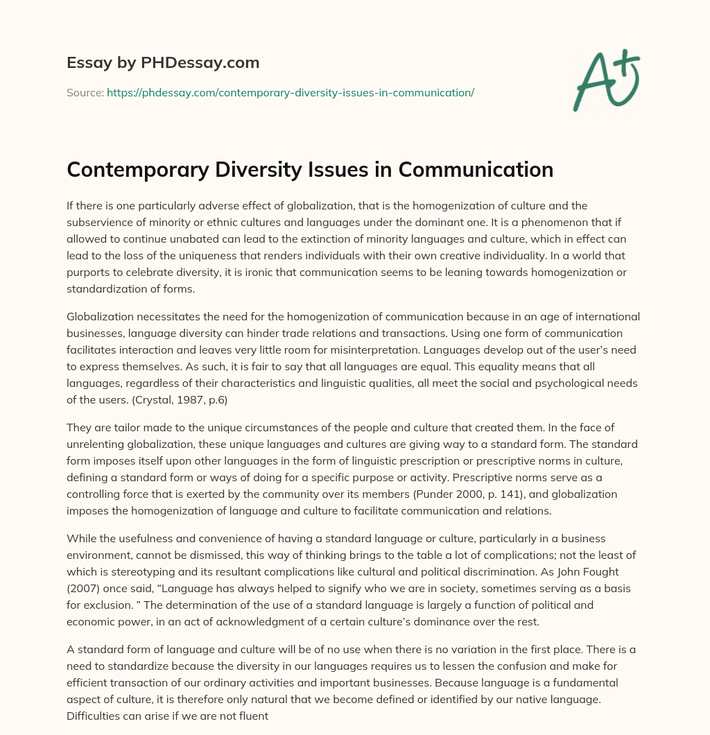 Contemporary Diversity Issues in Communication essay