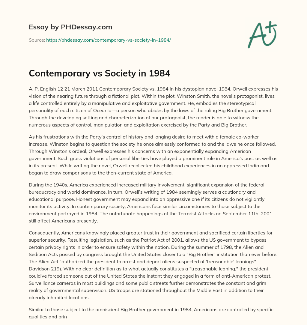 Contemporary vs Society in 1984 essay