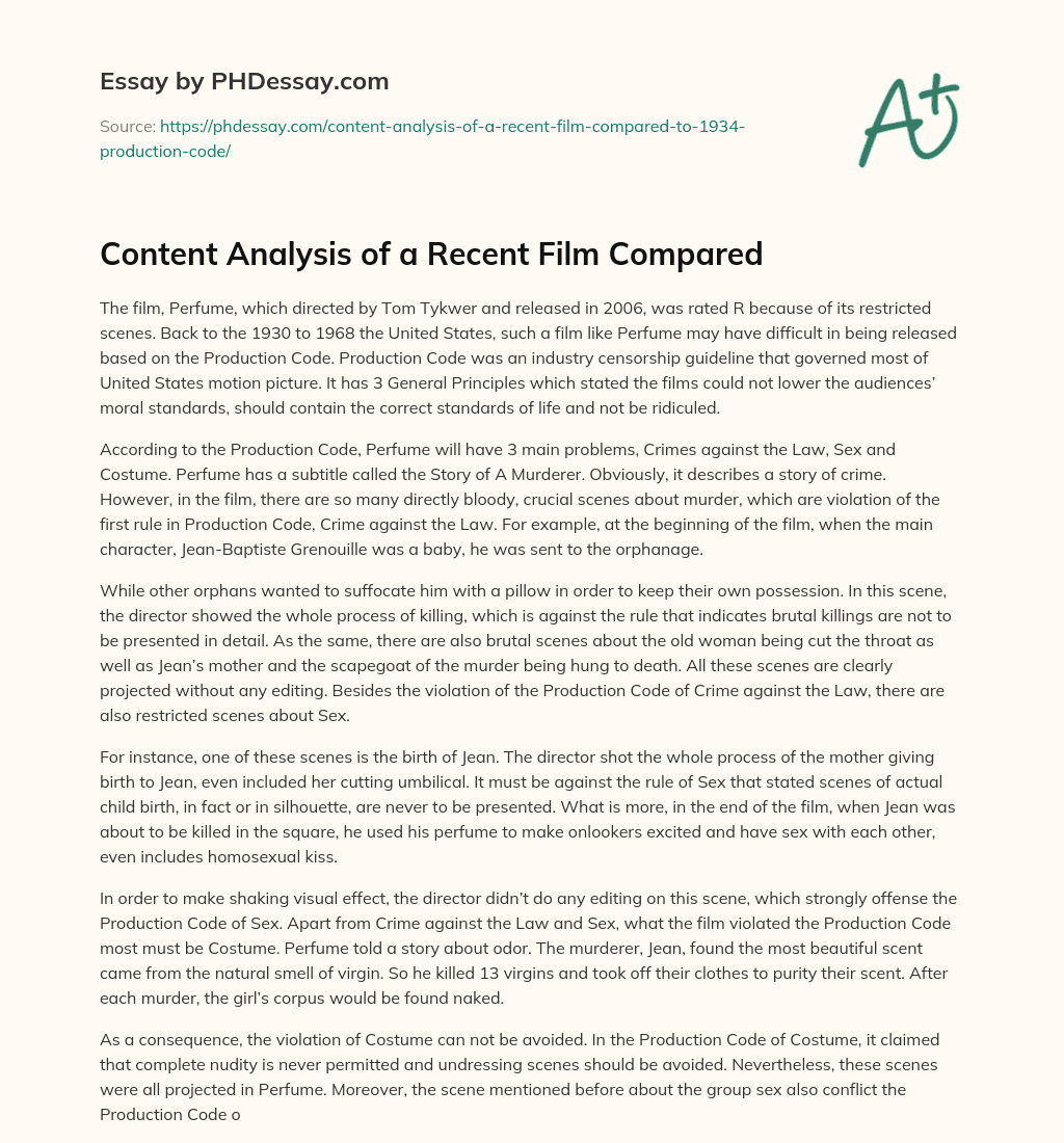 Content Analysis of a Recent Film Compared essay