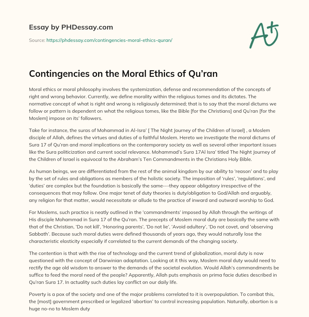 Contingencies on the Moral Ethics of Qu’ran essay
