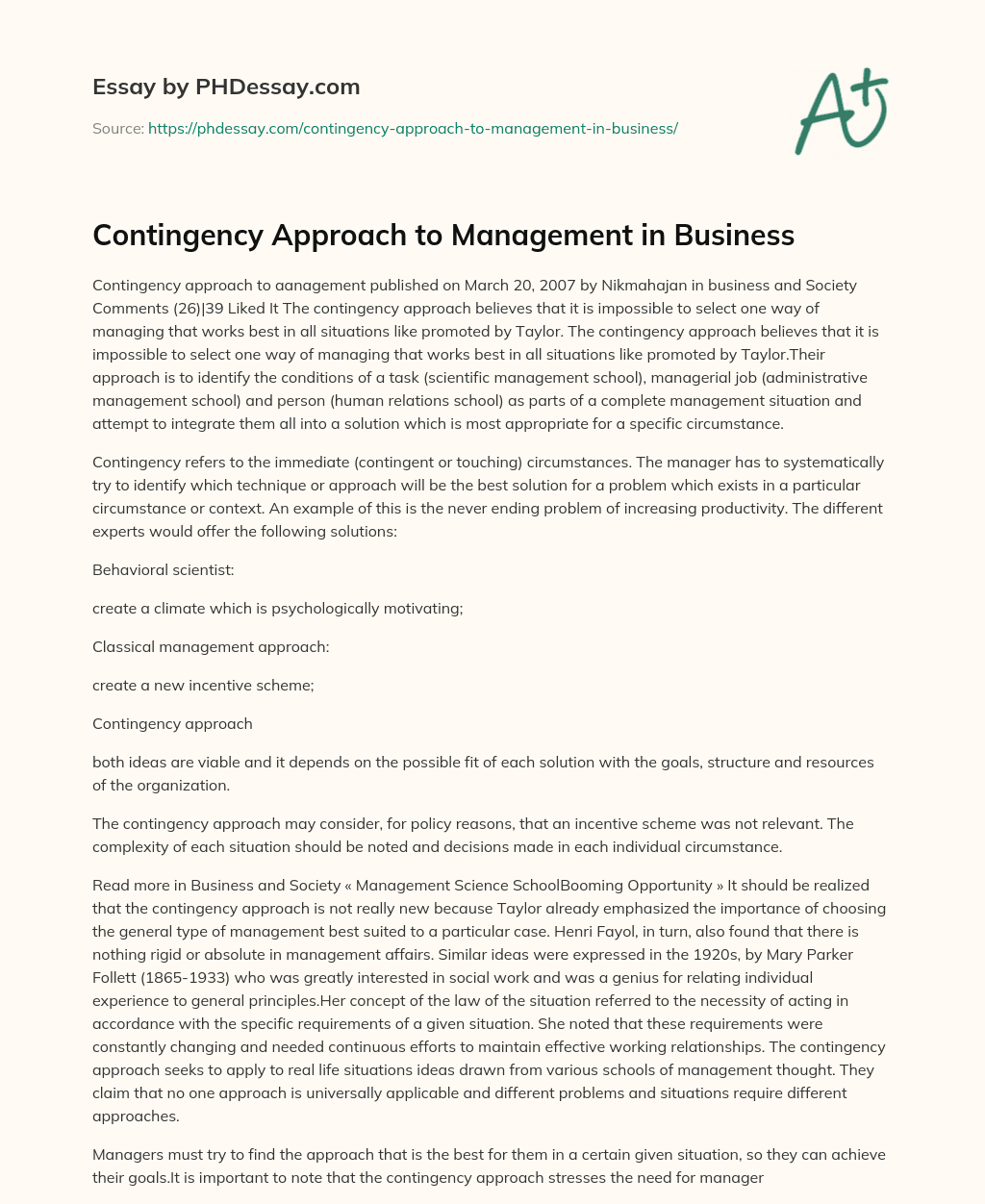 Contingency Approach to Management in Business essay