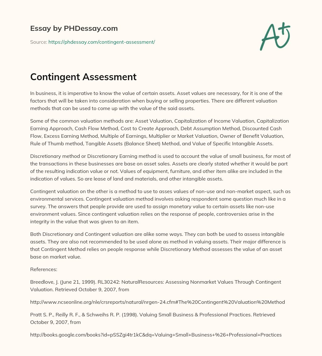 Contingent Assessment (400 Words) - PHDessay.com
