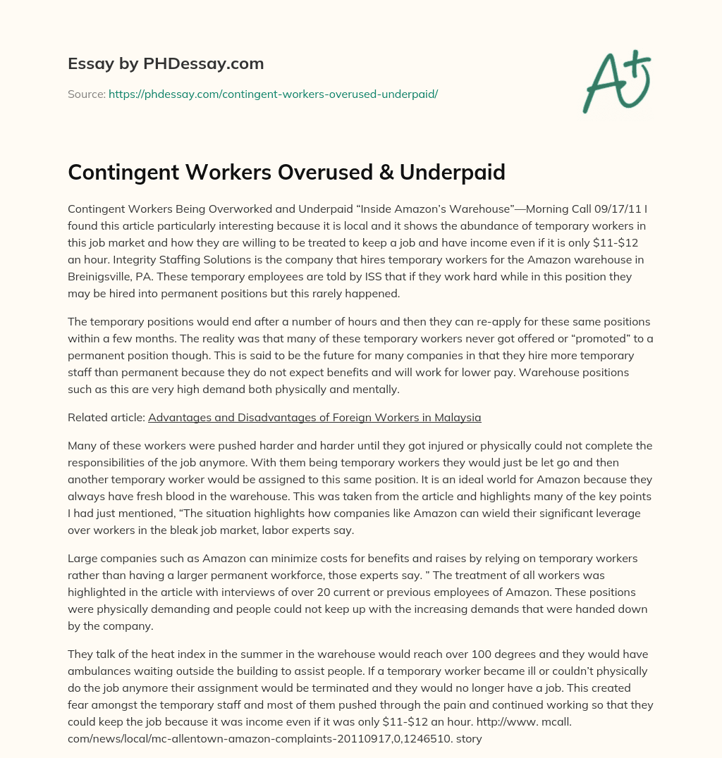 Contingent Workers Overused & Underpaid essay