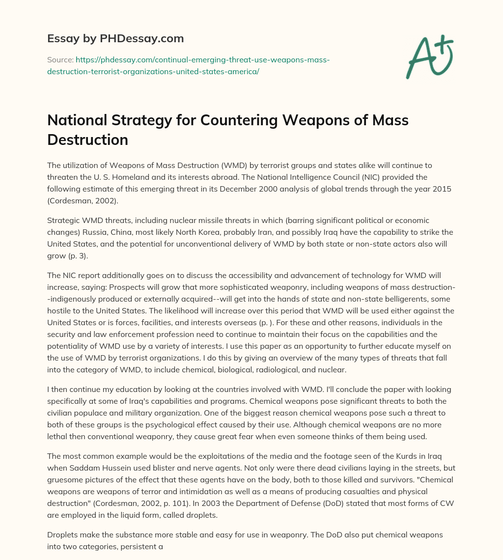 National Strategy for Countering Weapons of Mass Destruction essay