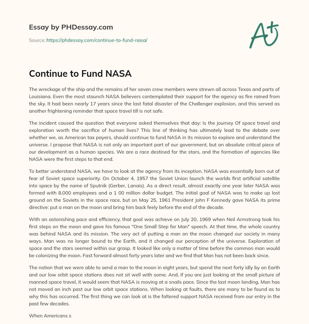 Continue to Fund NASA essay
