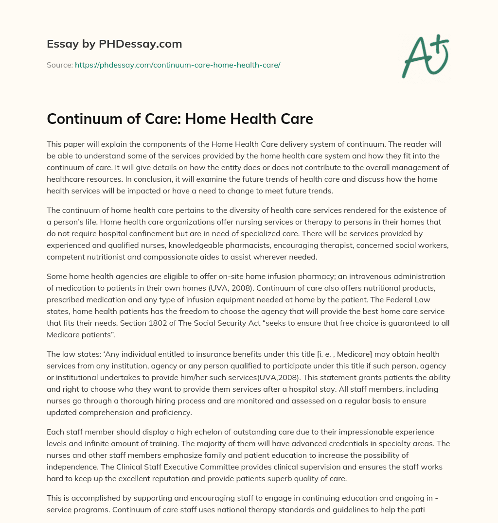 Continuum of Care: Home Health Care essay