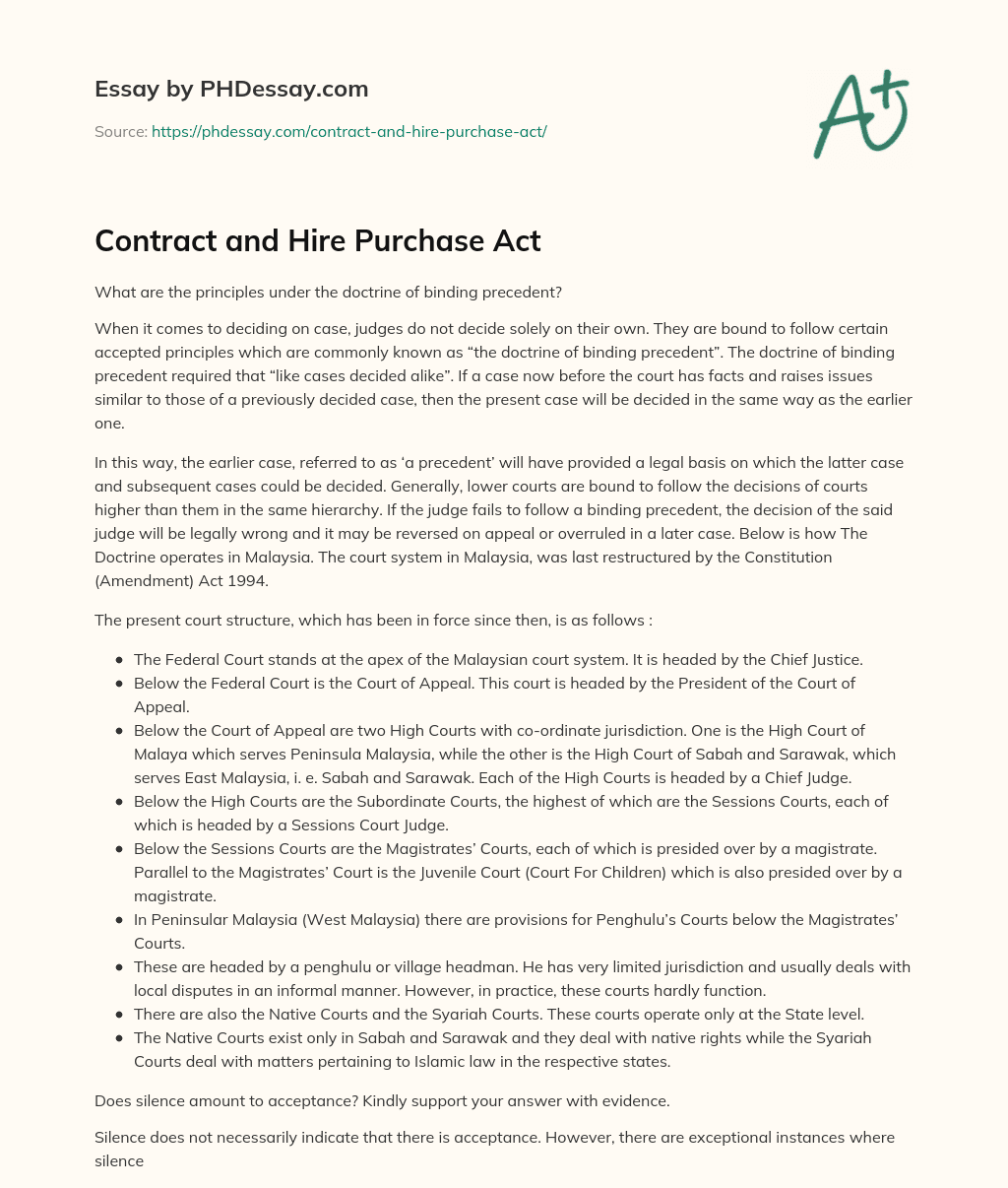 Contract and Hire Purchase Act essay