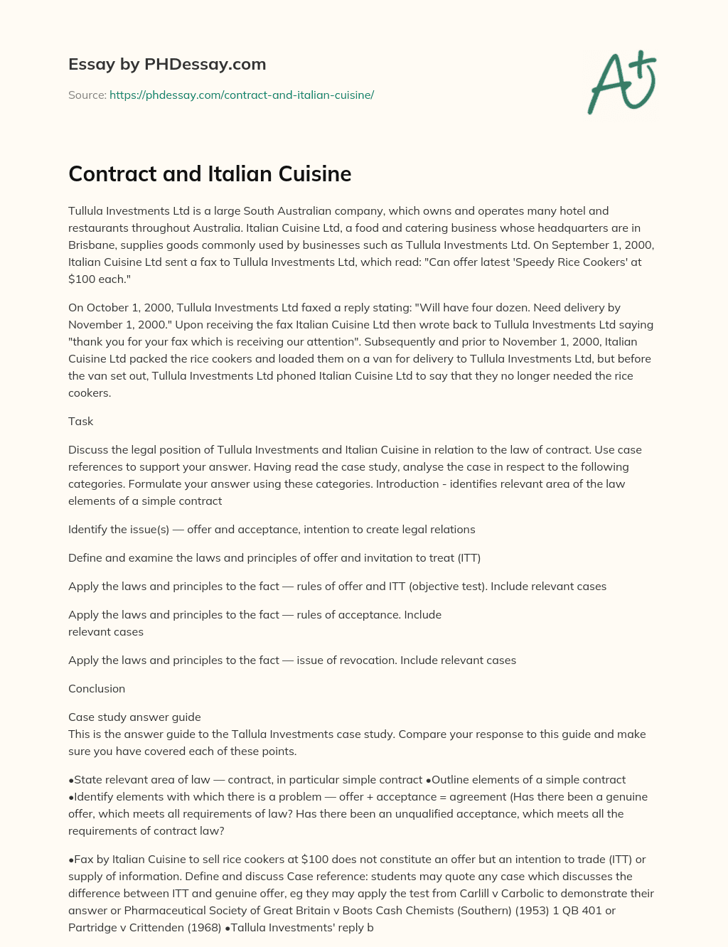 Contract and Italian Cuisine essay