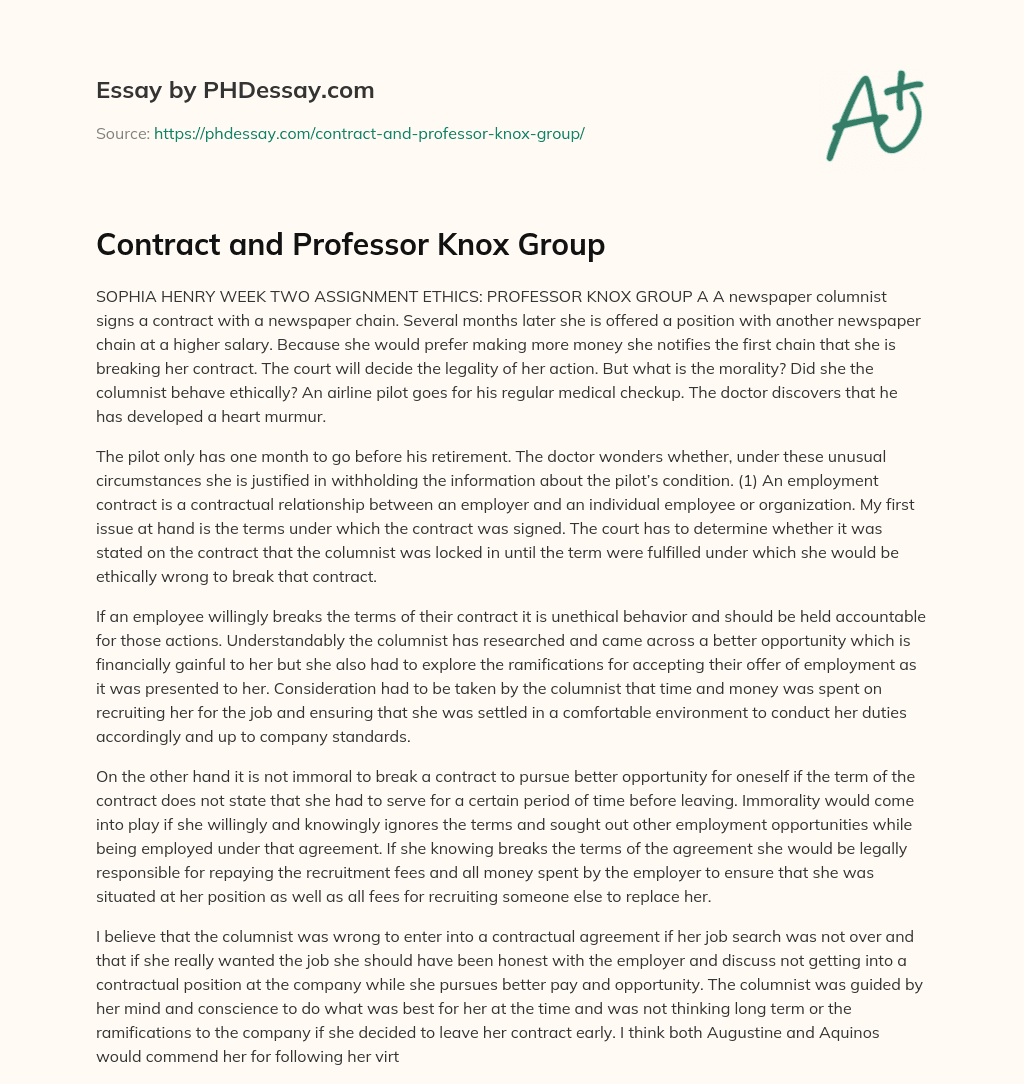 Contract and Professor Knox Group essay