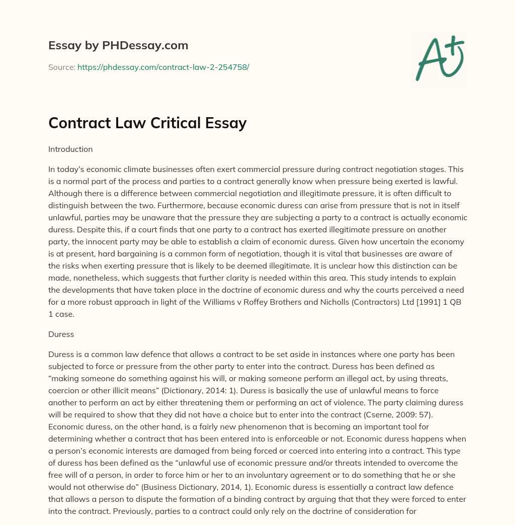Contract Law Critical Essay essay