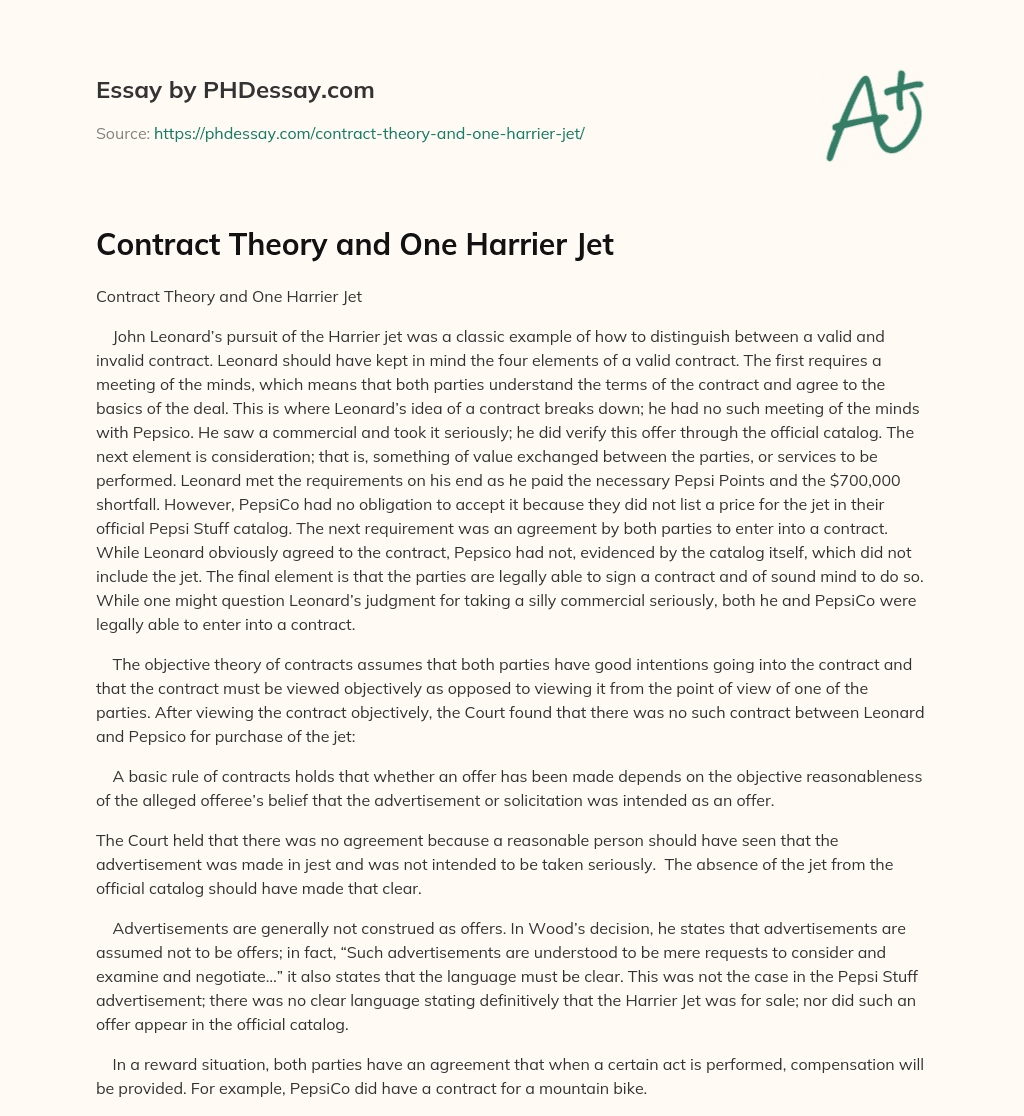 Contract Theory and One Harrier Jet essay
