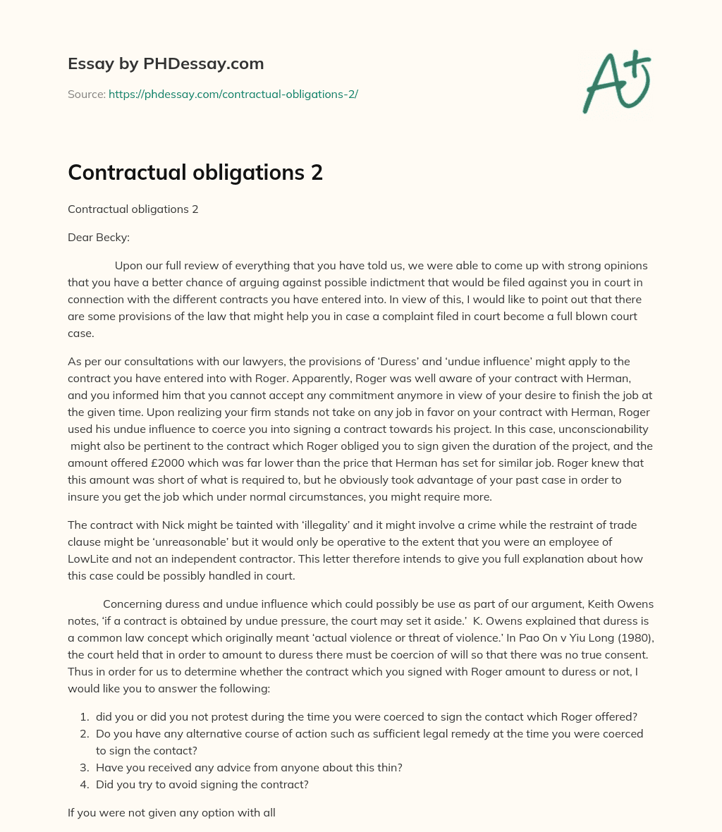 Contractual obligations 2 essay