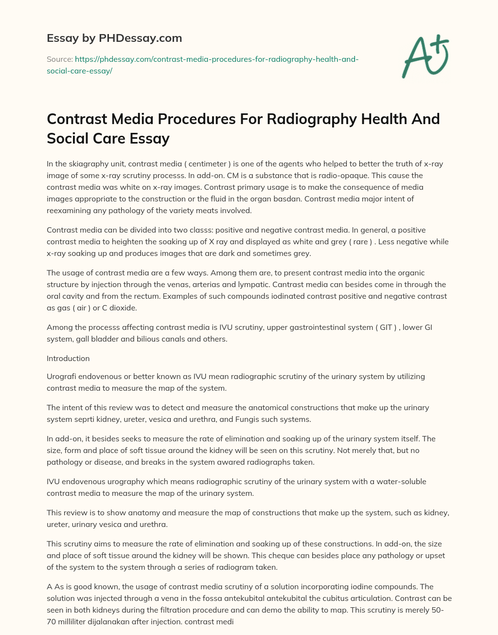 Contrast Media Procedures For Radiography Health And Social Care Essay essay