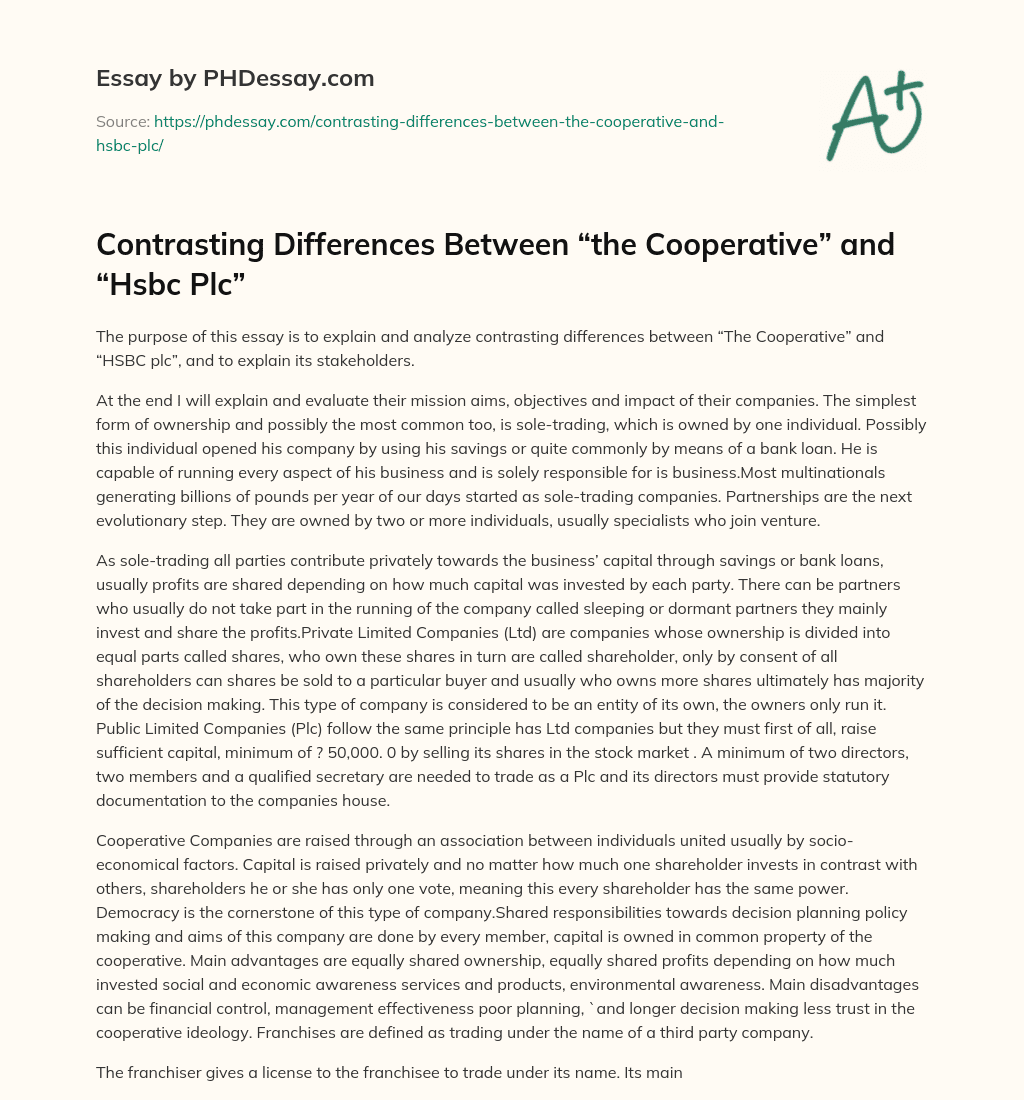 Contrasting Differences Between “the Cooperative” and “Hsbc Plc” essay