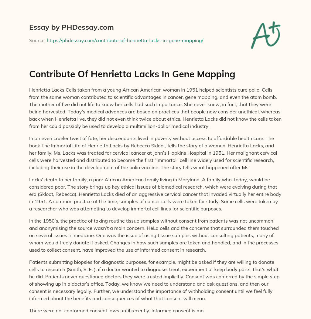 Contribute Of Henrietta Lacks In Gene Mapping essay