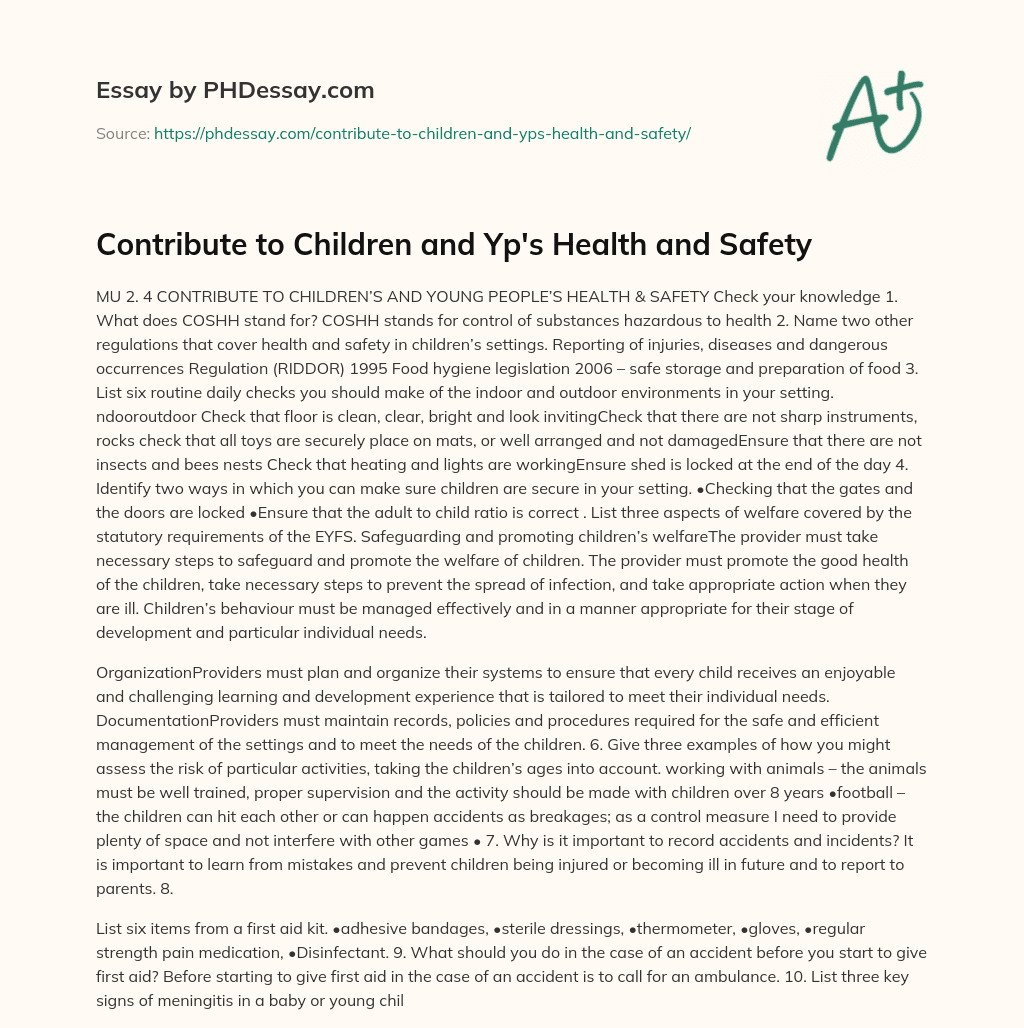 Contribute to Children and Yp’s Health and Safety essay