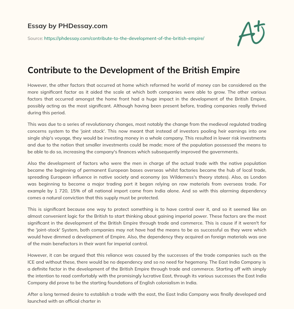 Contribute to the Development of the British Empire essay