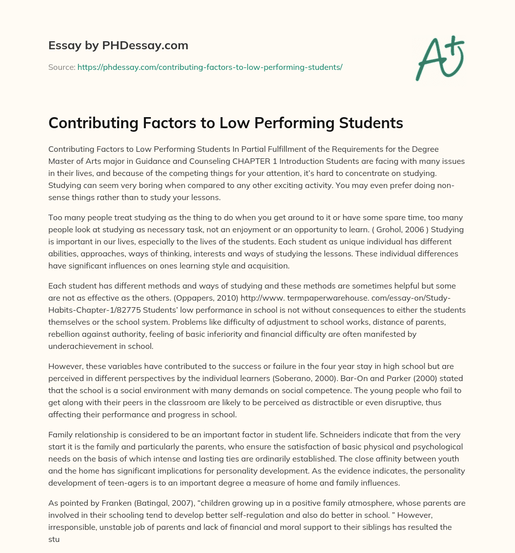 Contributing Factors to Low Performing Students essay