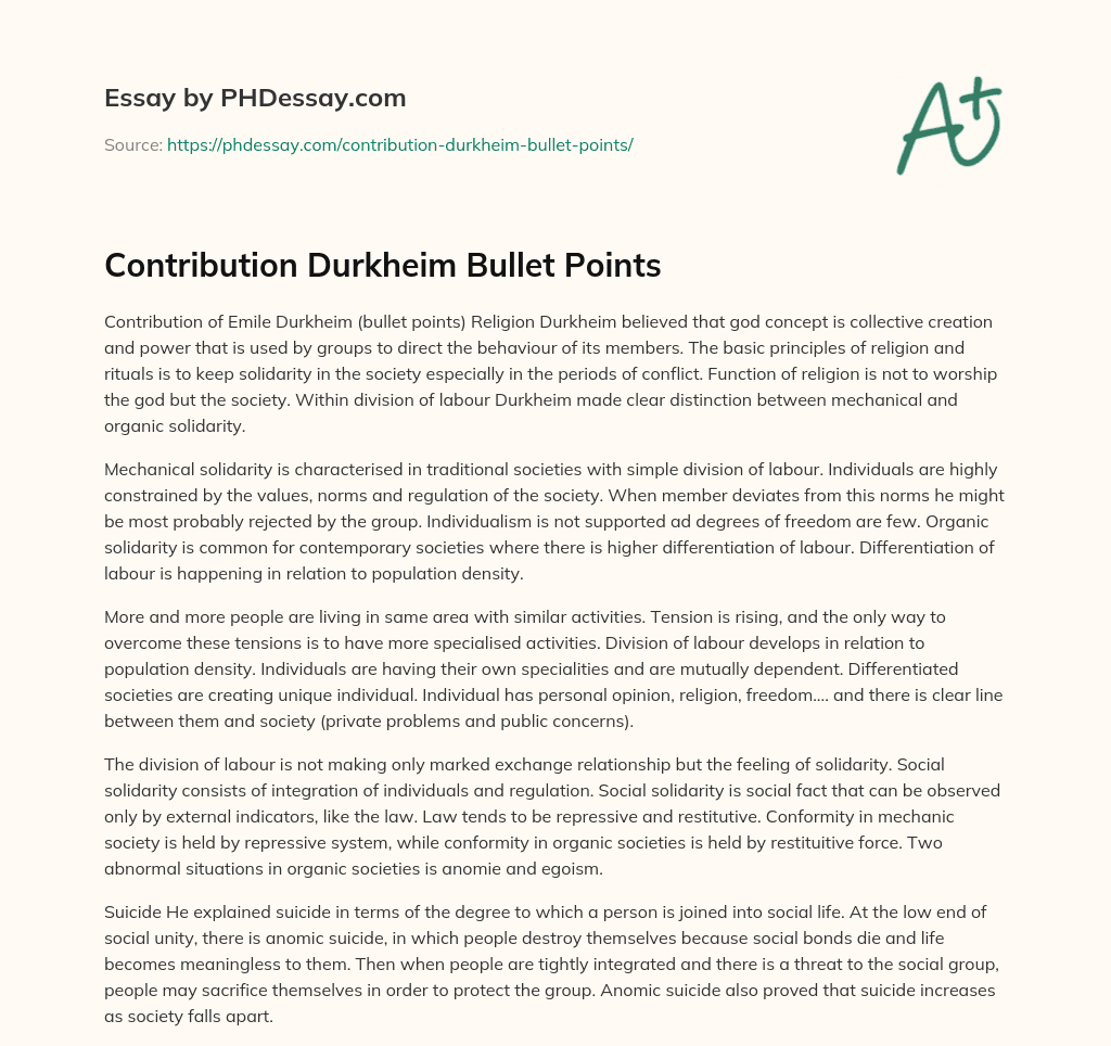 Contribution Durkheim Bullet Points essay