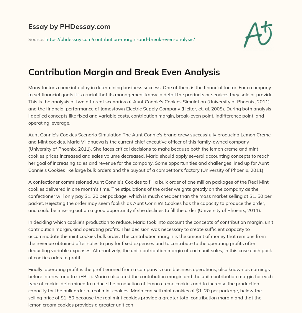 Contribution Margin and Break Even Analysis essay