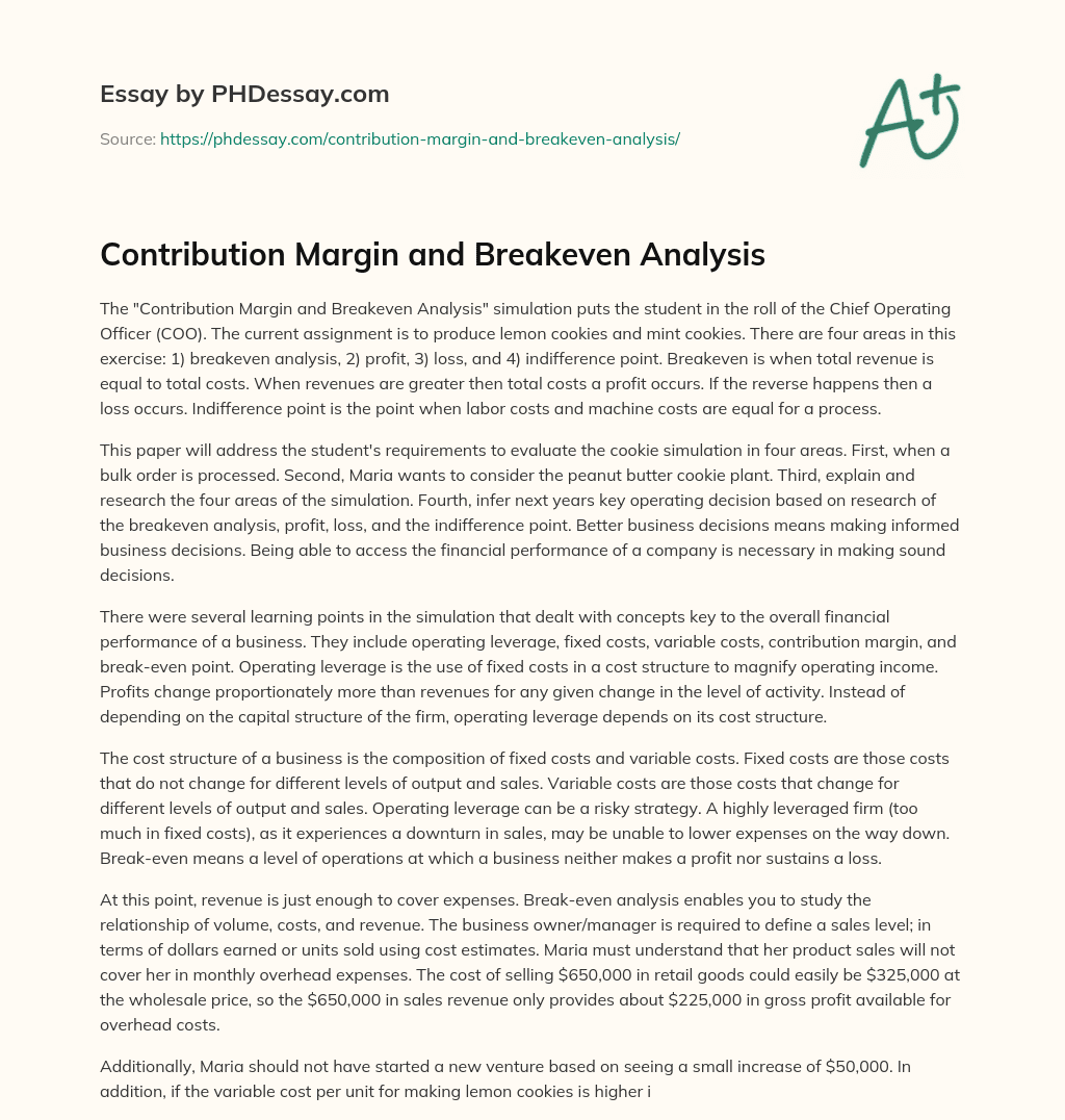 Contribution Margin and Breakeven Analysis essay
