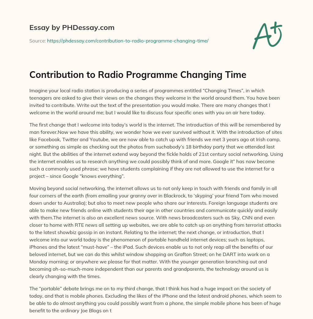 Contribution to Radio Programme Changing Time essay