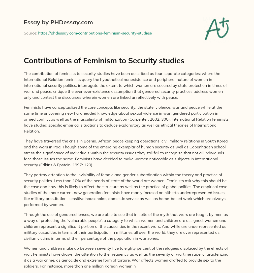Contributions of Feminism to Security studies essay