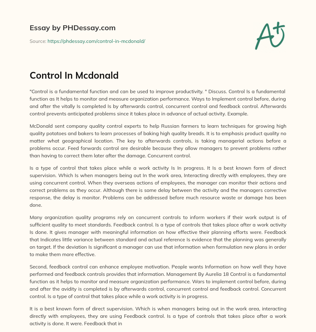 Control In Mcdonald essay