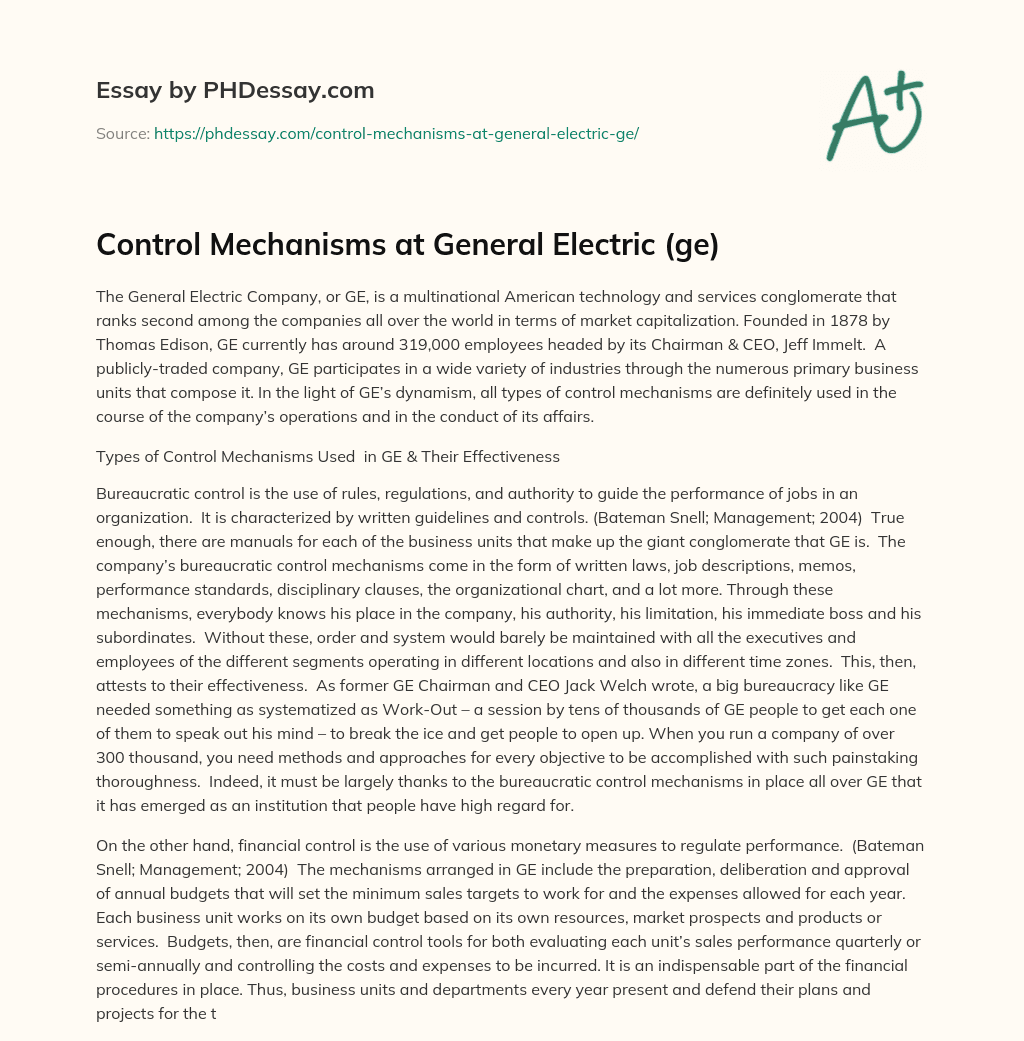 Control Mechanisms at General Electric (ge) essay