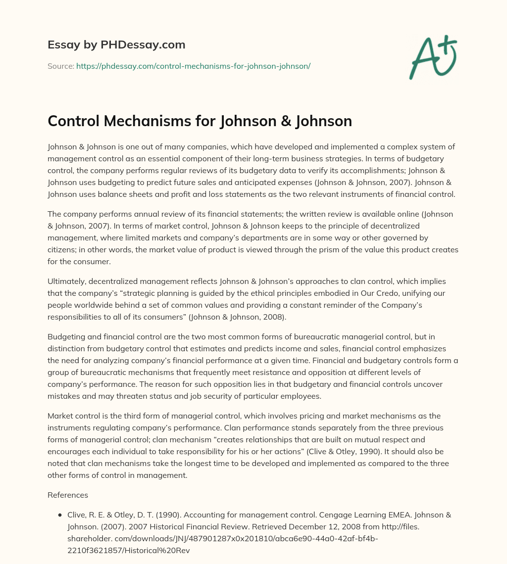 Control Mechanisms for Johnson & Johnson essay