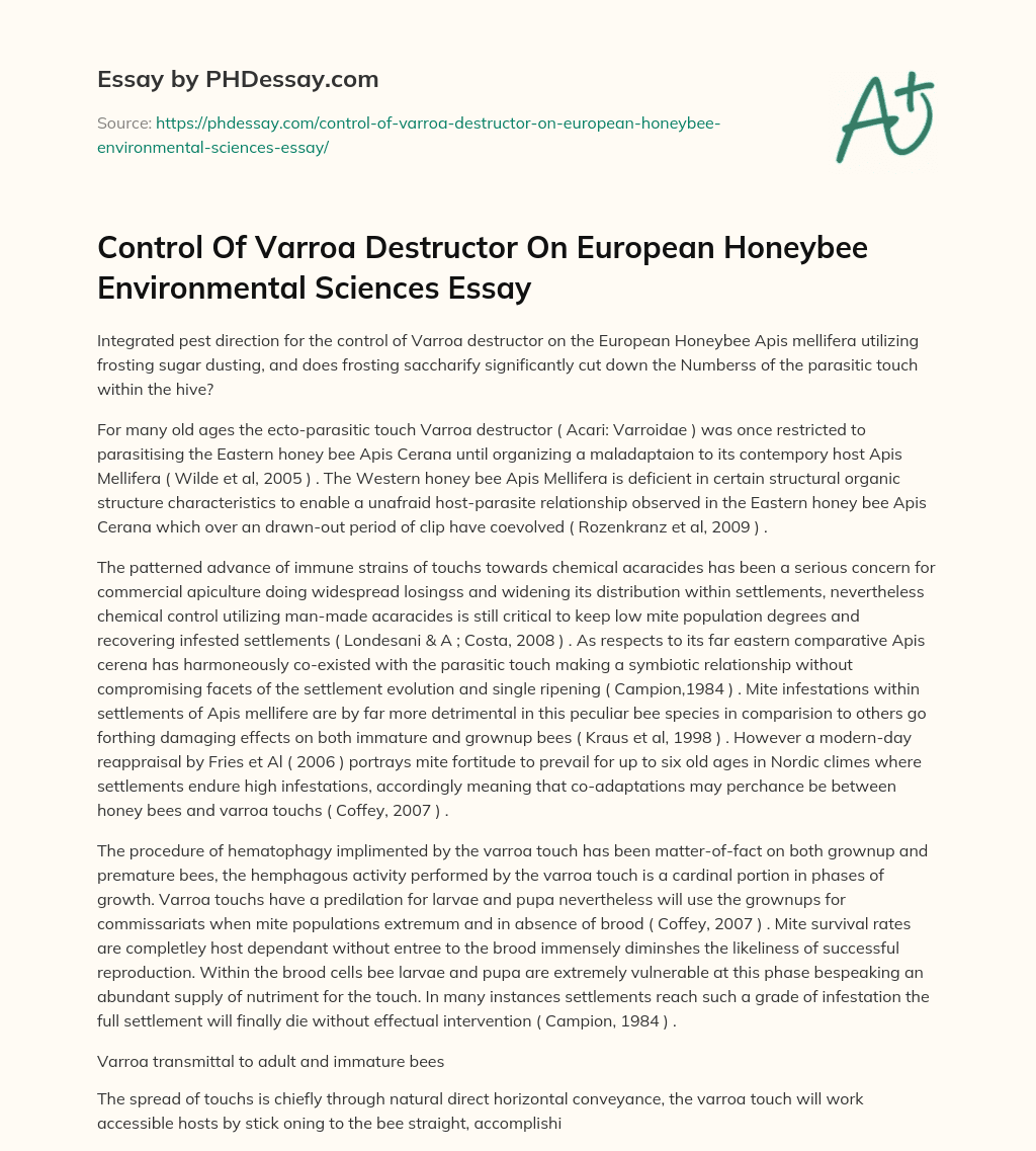 Control Of Varroa Destructor On European Honeybee Environmental Sciences Essay essay