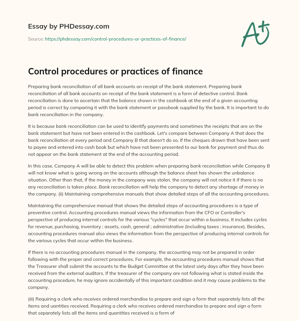 Control procedures or practices of finance essay