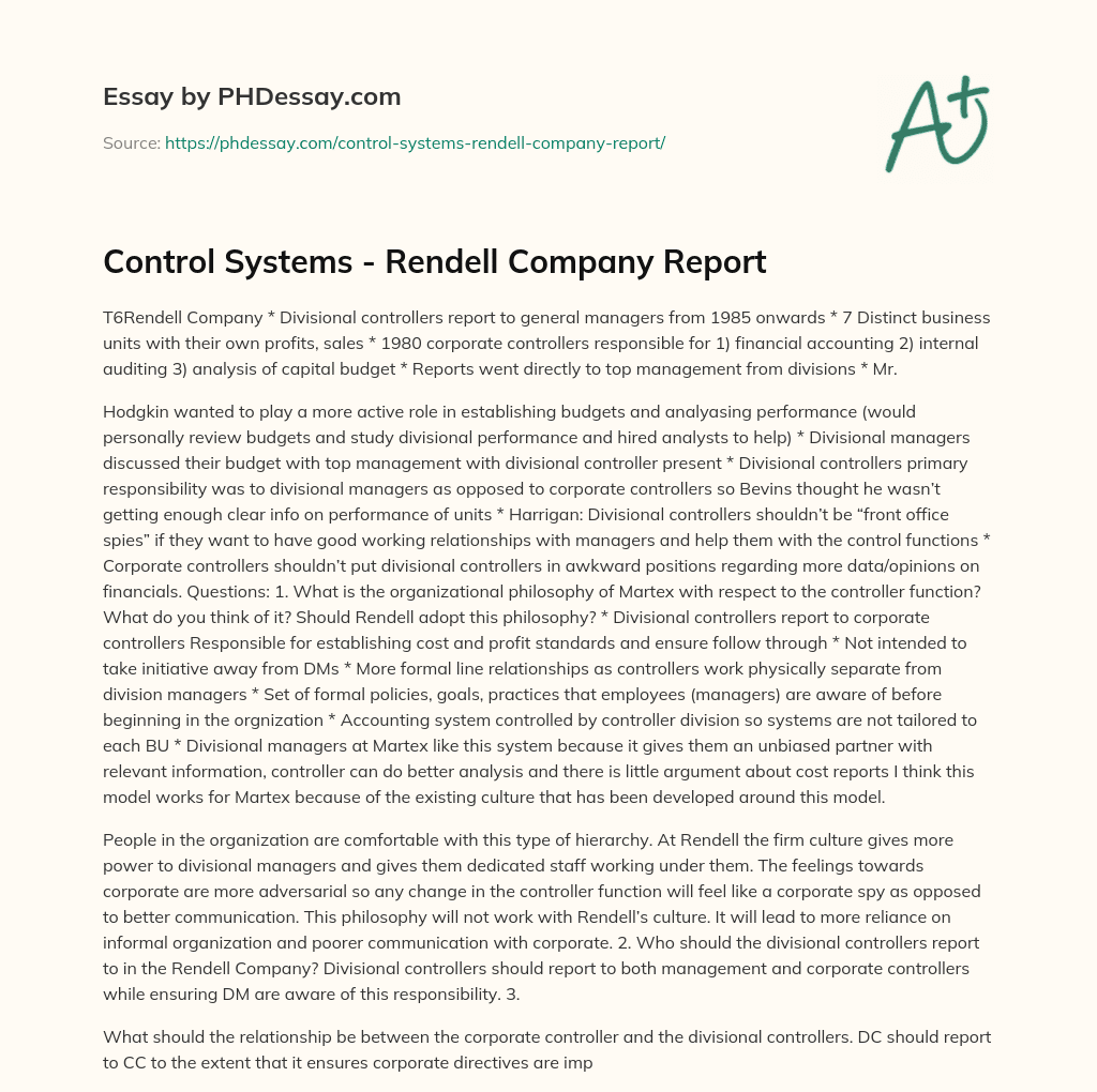 Control Systems – Rendell Company Report essay