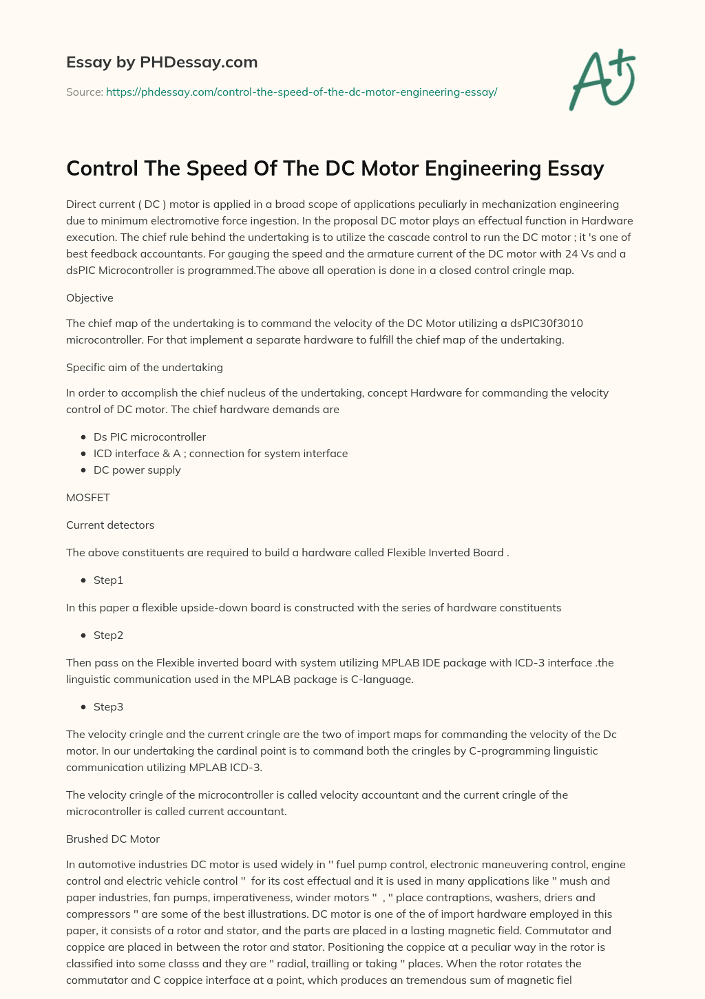 Control The Speed Of The DC Motor Engineering Essay essay