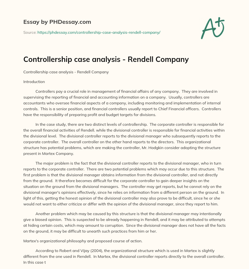 Controllership case analysis – Rendell Company essay