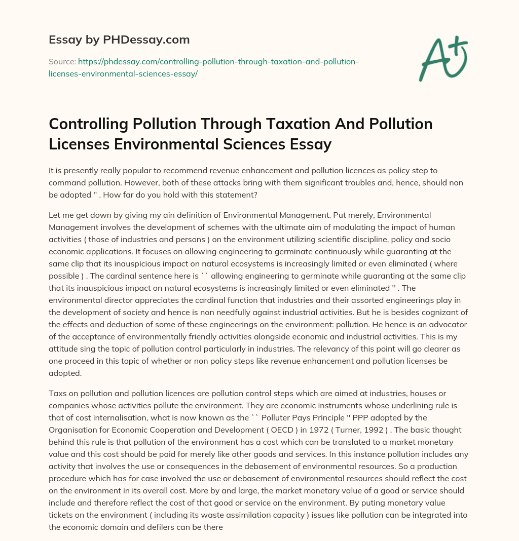 Controlling Pollution Through Taxation And Pollution Licenses