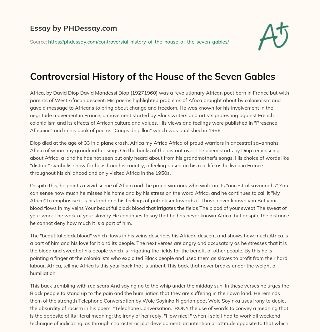 Controversial History Of The House Of The Seven Gables Analysis Example