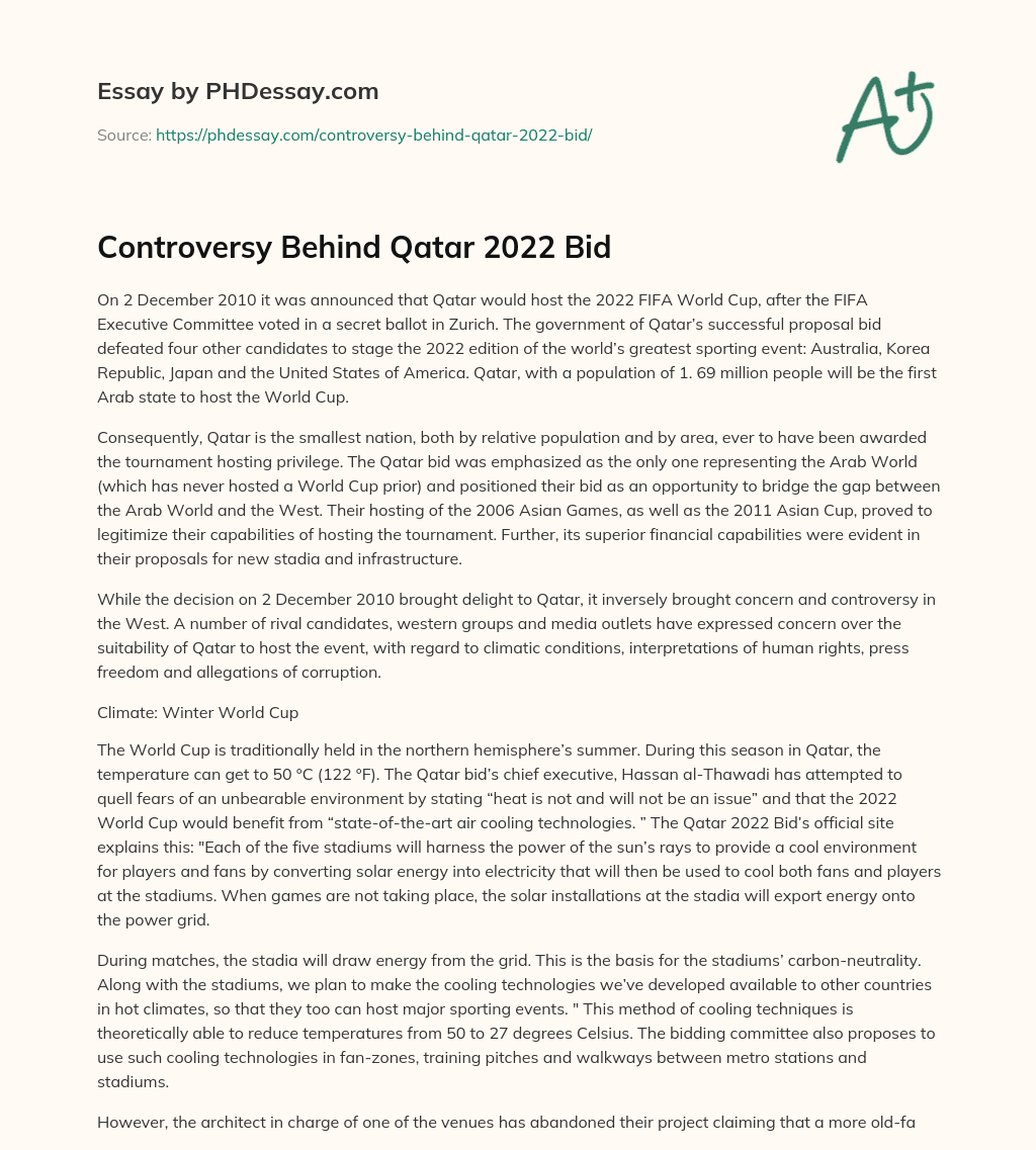 Controversy Behind Qatar 2022 Bid essay