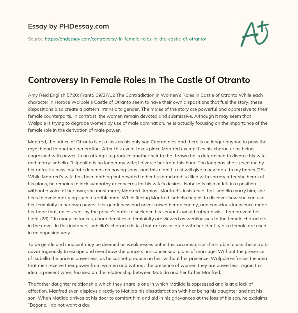 Controversy In Female Roles In The Castle Of Otranto essay