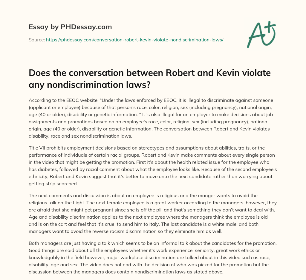 Does the conversation between Robert and Kevin violate any nondiscrimination laws? essay