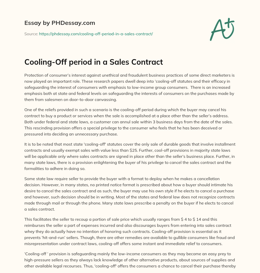 Cooling-Off period in a Sales Contract essay