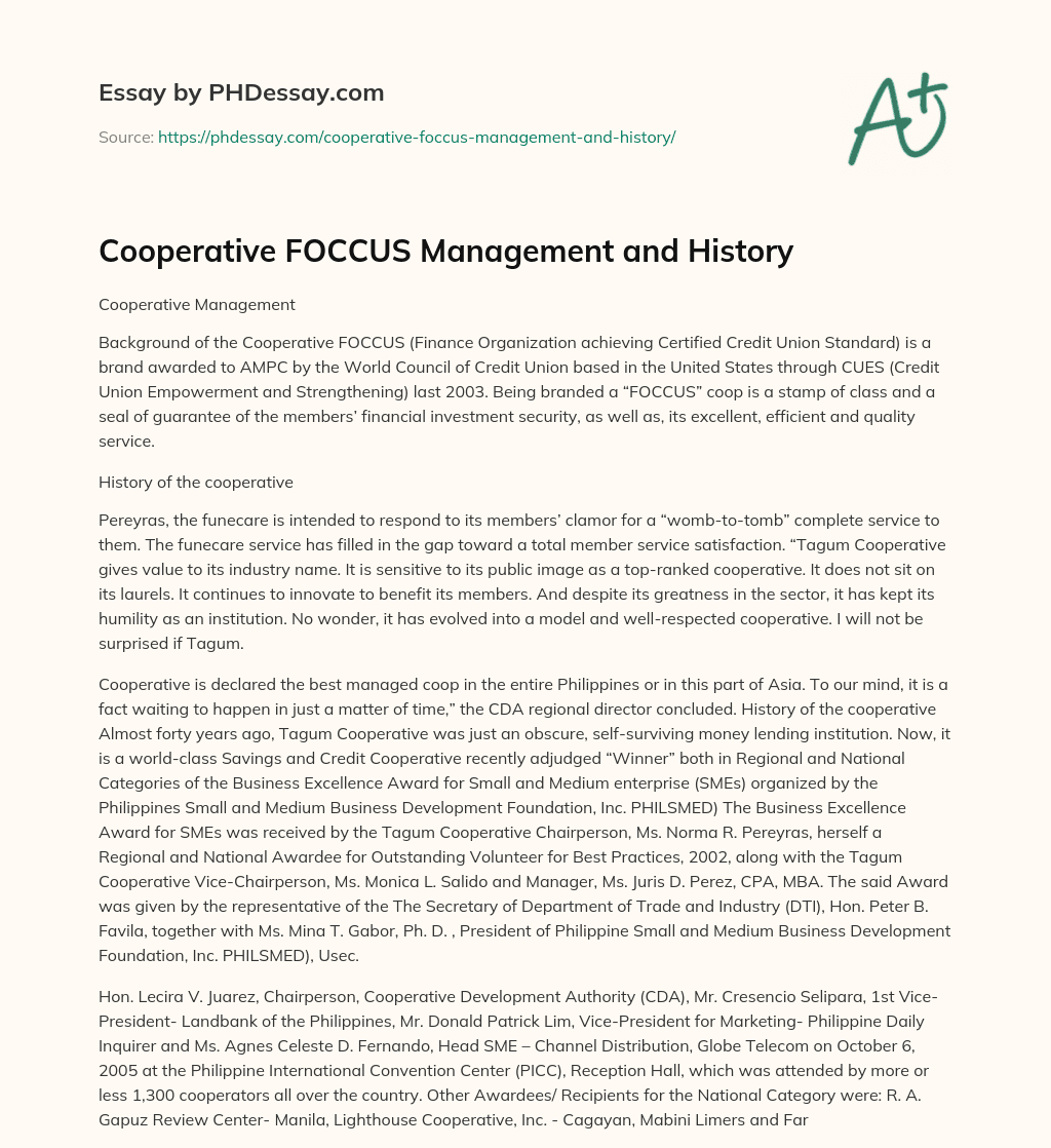 Cooperative FOCCUS Management and History essay