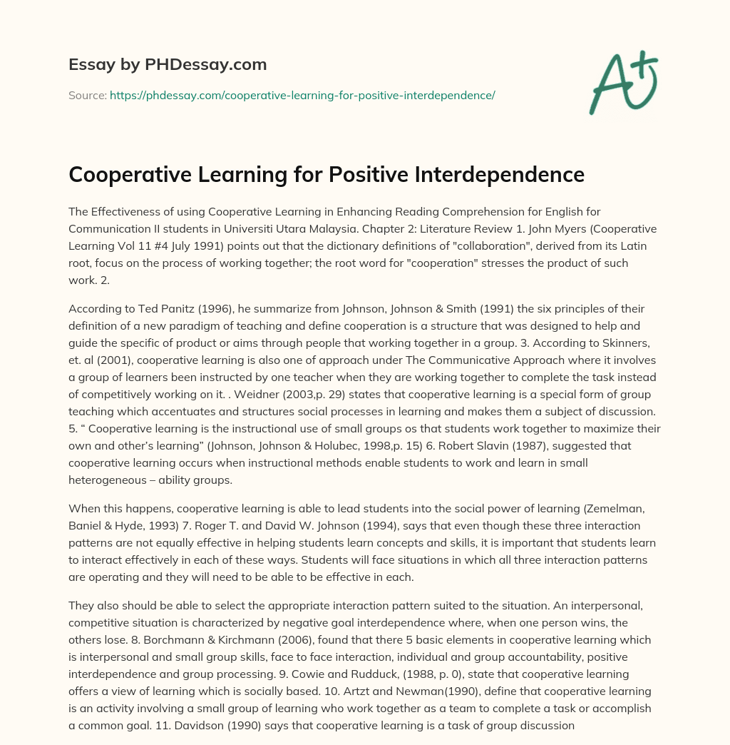 Cooperative Learning for Positive Interdependence essay